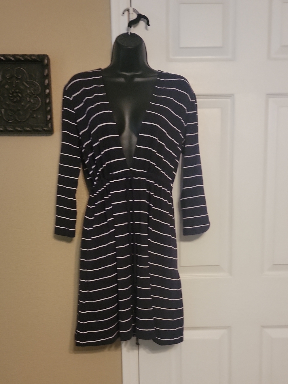 Lands' End Navy and White Striped Long Sleeve V-Neck Dress